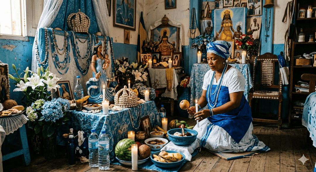 A woman lighting a candle to honor Yemayá 